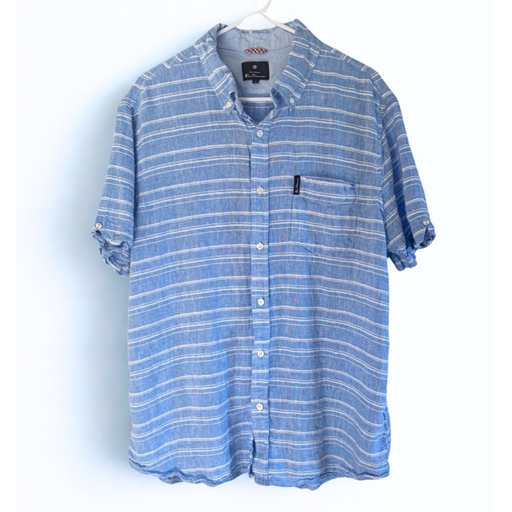 Ben Sherman Linen Blend Button Down Shirt Blue Coastal Preppy Summer Striped